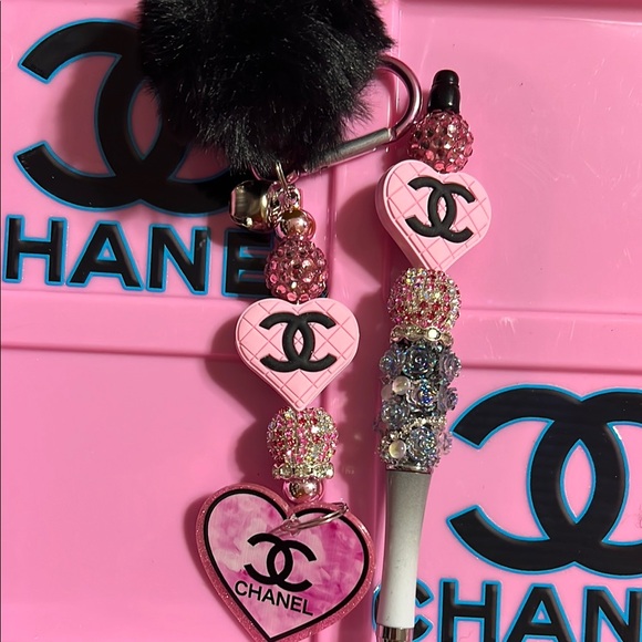 Handmade Accessories - Pink Heart Keychain with Black Pom Pom and Matching Pen Set w/ extra refill.